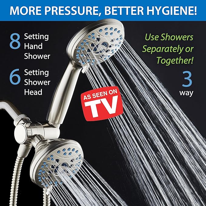 Hotel Spa AquaCare As-Seen-On-TV High Pressure 48-setting Rain & Handheld 3-way Shower Head Combo - Anti-clog Nozzles/Tub, Tile & Pet Power Wash/Extra Long 6 ft. Hose/Satin Nickel Finish