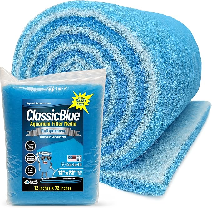 Aquatic Experts Classic Bonded Aquarium Filter Pad -12 Inches by 72 Inches by .75 Inch - Blue and White Aquarium Filter Media Roll Bulk Can Be Cut to Fit Most Filters, Made in USA