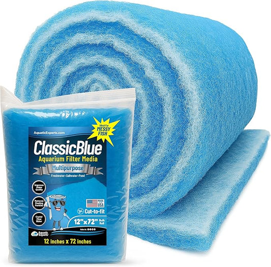 Aquatic Experts Classic Bonded Aquarium Filter Pad -12 Inches by 72 Inches by .75 Inch - Blue and White Aquarium Filter Media Roll Bulk Can Be Cut to Fit Most Filters, Made in USA
