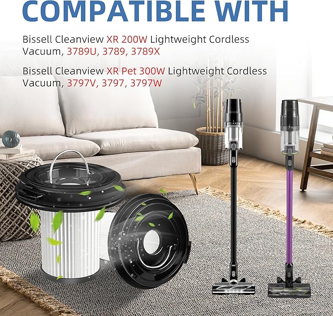 4 Pack Vacuum Filter for Bissell CleanView XR Pet 300W/CleanView XR 200W Cordless Vacuum Filter Replacement 3789 3789U 3789X 3797 3797V 3797W Replace 1638010 with 1 Little Brush
