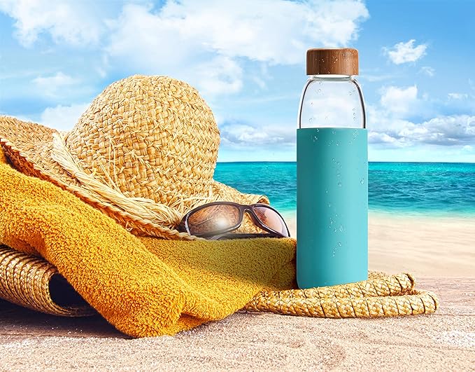 veegoal 18 Oz Borosilicate Glass Water Bottles with Bamboo Lid, BPA-FREE, Non-Slip Silicone Sleeve, and Stainless Steel Leak Proof Lid - Reusable Glass Bottle for Men and Women