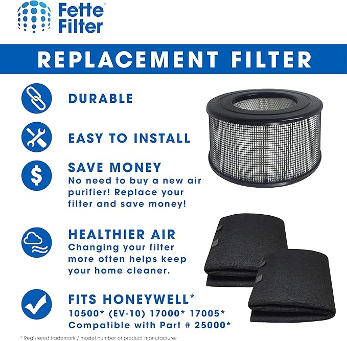 Fette Filter - Replacement 1 x HEPA Filter & 2 x Wrapping Carbon Pre-Filters Compatible with Honeywell 10500 (EV-10) 17000 17005 Part Number 20500. Combo Pack