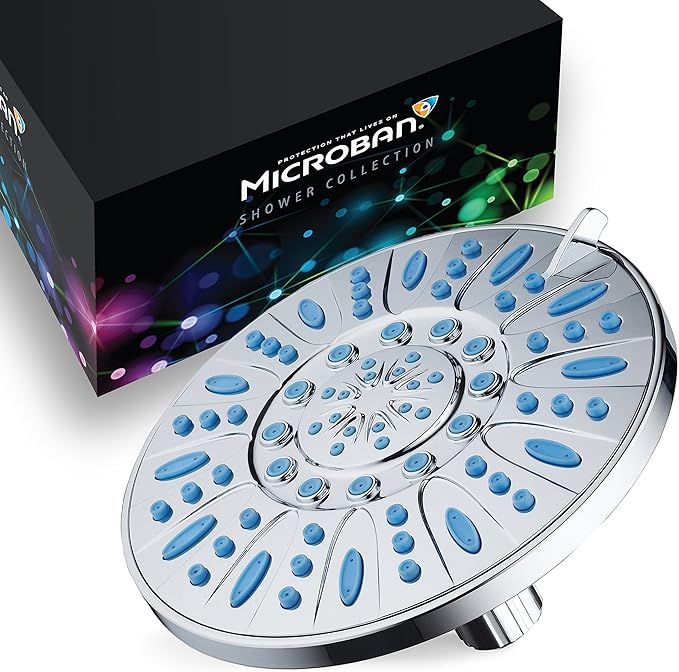 AquaDance 7-inch 6-Setting Rainfall Showerhead with Anti-Microbial Microban Protection from Mold, Mildew, and Bacteria - Clog-Free Wave Blue Jets, Chrome Finish