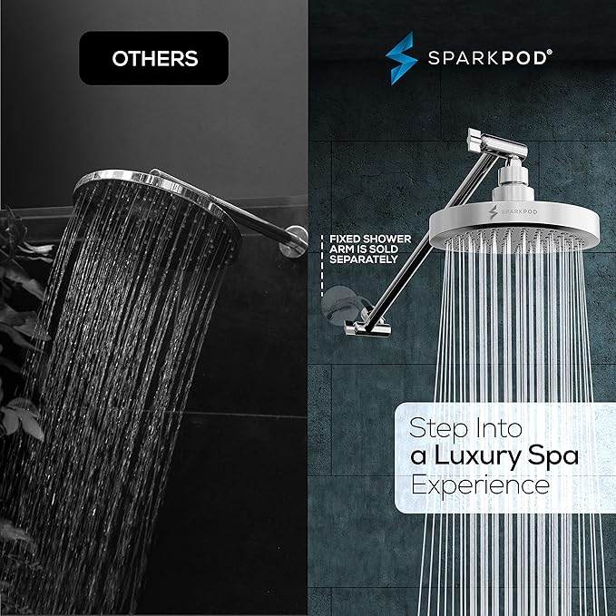 SparkPod Round Rain Shower Head with Shower Head Extension Arm - High Pressure Rain - Luxury Modern Look - No Hassle Tool-less 1-Min Installation (16" Shower Arm Extension, Luxury Polished Chrome)