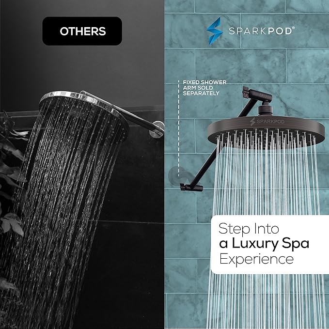 SparkPod Round Rain Shower Head with Extension Arm - Height Adjustable Shower Head with High Pressure Performance - Easy 1-Minute Installation (16" Arm Extension, Vintage Oil-Rubbed Bronze)