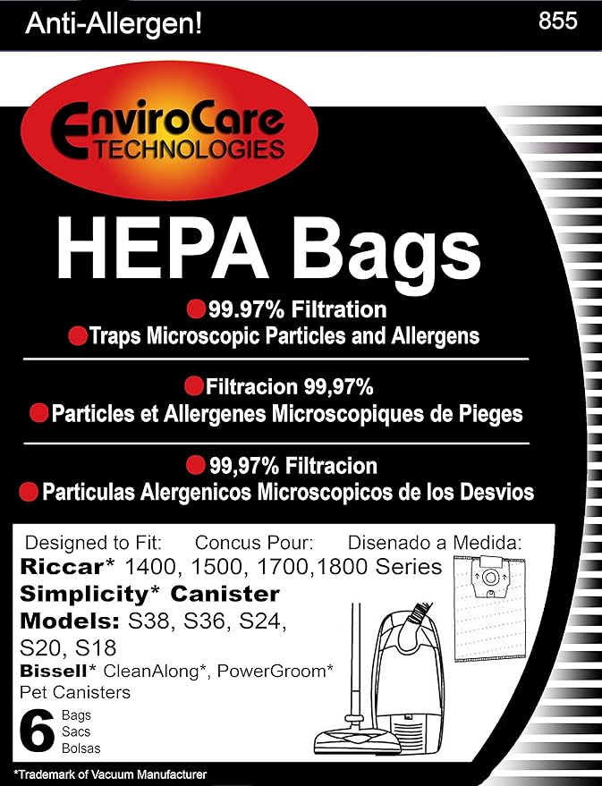 EnviroCare Replacement HEPA Filtration Vacuum Cleaner Bags made to fit Riccar 1400, 1500, 1700, 1800 Series and Simplicity S38, S36, S24, S20 and S18 Canisters 6 pack