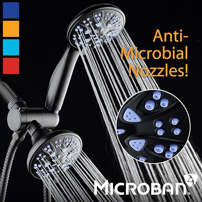 AquaDance Antimicrobial/Anti-Clog High-Pressure 30-setting Dual Head Combination Shower with Nozzle Protection from Growth of Mold, Mildew & Bacteria for a Healthier Shower – Sunset Blue