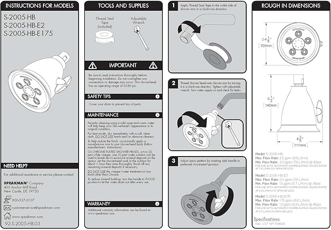 Speakman, Brushed Nickel S-2005-HB-BN-E2 Hotel Anystream Multi-Function 2.0 GPM Adjustable Shower Head