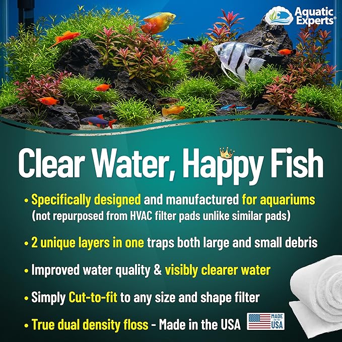 Aquatic Experts Aquarium Filter Floss for Fish Tank Filters - FilterFirst Aquarium Filter Pad - Media Roll for Crystal Clear Water, 3/4" - 1" Thick (12 Inch Wide, 12 Inch Long - 5 Pack)