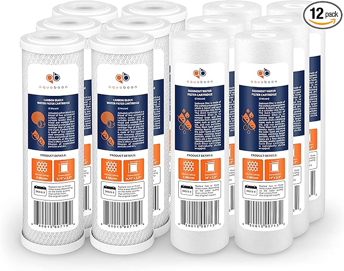 Aquaboon 5 Micron 10 x 2.5 House Water Filters Cartridges, Set of 12 | Sediment & Carbon Filter Replacements Compatible with WHKF-WHWC, P5, WHKF-GD05