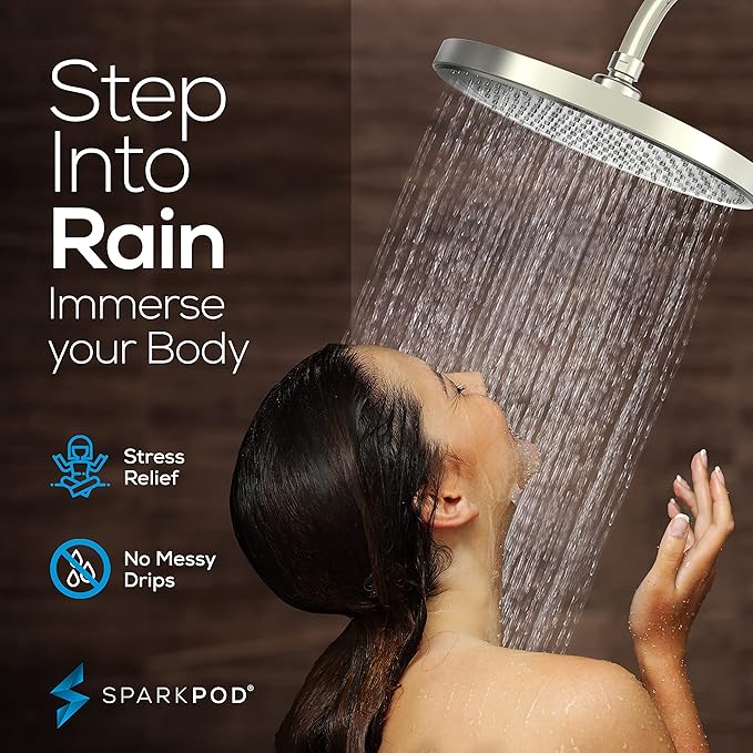SparkPod 10 Inch Round Rain Shower Head - Ceiling or Wall Mount Rainfall Shower Head - Large Coverage Showerhead - Brass Ball Joint with 360° Adjustment - 1-Min Install (Elegant Brushed Nickel)