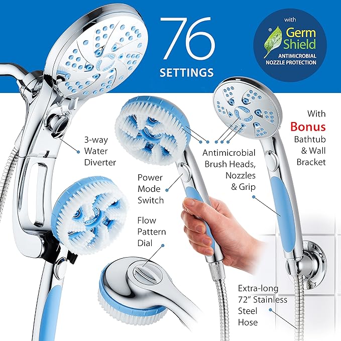 Hotel Spa AquaCare High Pressure 6-in-1 Aquassage - 76-mode 3-way Combo, Showerhead, Hand Shower, Body Brush, Hair Brush & Arm in One Two Brackets, Extra-long 6 foot Stainless Steel Hose