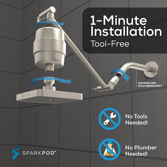 SparkPod 6" High Pressure Rain Shower Head with 23 Stage Filter Capsule & 11 Inch Adjustable Shower Arm Extension -Shower Filter Reduces Chlorine for Smoother Hair & Skin (Square, Brushed Nickel)