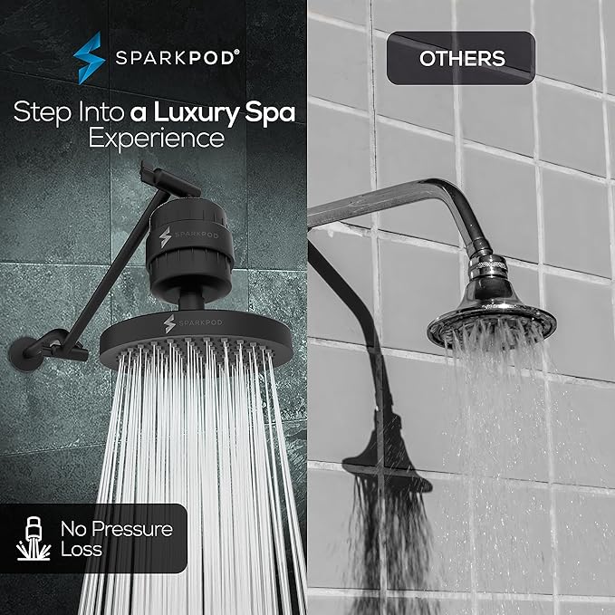 SparkPod 6" High Pressure Rain Shower Head with 23 Stage Filter Capsule & 11 Inch Adjustable Shower Arm Extension - Shower Filter Reduces Chlorine for Smoother Hair & Skin (Round, Black Matte)