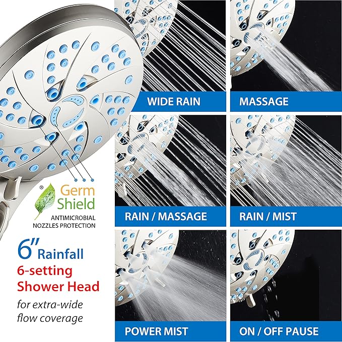 AquaCare High Pressure 6-in-1 Aquassage - 76-mode 3-way Combo, Showerhead, Hand Shower, Body Brush, Hair Brush & Arm in One! Two Brackets, Extra-long 6 foot Stainless Steel Hose, Brush Head Holder