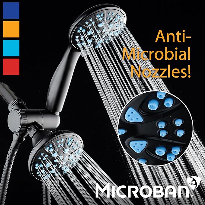 AquaDance Antimicrobial/Anti-Clog High-Pressure 30-setting Dual Head Combination Shower with Microban Nozzle Protection From Growth of Mold, Mildew & Bacteria for a Healthier Shower – Aqua Blue