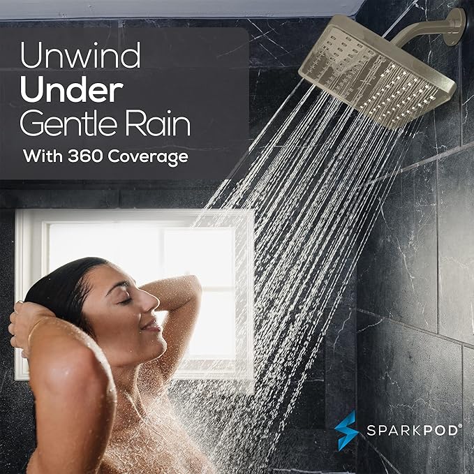 SparkPod Shower Head - High Pressure Rain - Premium Quality Luxury Design - 1-Min Install - Easy Clean Adjustable Replacement for Your Bathroom Shower Heads (Elegant Brushed Nickel, 8 Inch Square)