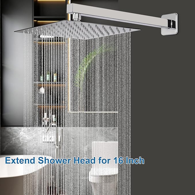 HarJue Shower Head with Extension Arm, High Pressure Square with ShowerArm, Stainless Steel Rainfall -Waterfall Full Body Coverage (10'' Shower with 16'' Arm, Chrome)