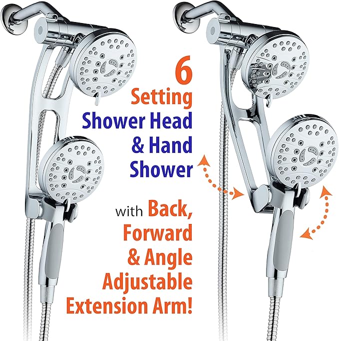 High Pressure 48-mode Luxury 3-way Combo with Adjustable Extension Arm – Dual Rain & Handheld Shower Head – Extra Long 6 Foot Stainless Steel Hose – All Chrome Finish – Top US Brand