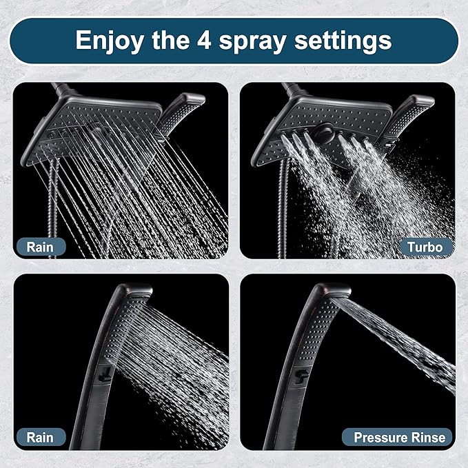 BRIGHT SHOWERS High Pressure Dual Shower Head Combo, Oil Rubbed Bronze Rainfall Showerhead with Detachable Handheld, 60" Stainless Steel Hose, Four Spray Settings
