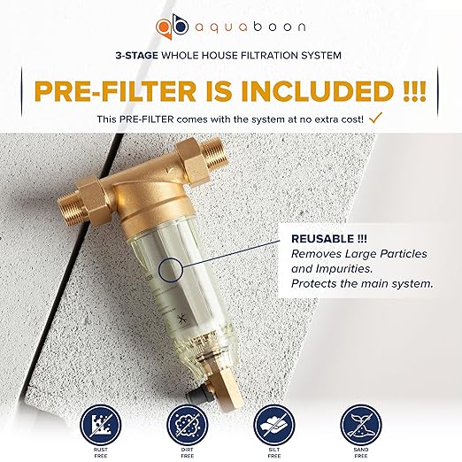Aquaboon 3-Stage Whole House Water Filter System with Prefilter, 20x4.5 Carbon Block, Iron & Manganese, Sediment Filters, Pressure Gauge & Release, Wrench, Freestanding Steel Frame