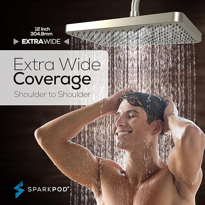 SparkPod 12 Inch Rectangle Rain Shower Head - Ceiling or Wall Mount Rainfall Shower Head - Large Coverage Showerhead - Brass Ball Joint with 360° Adjustment - 1-Min Install (Elegant Brushed Nickel)