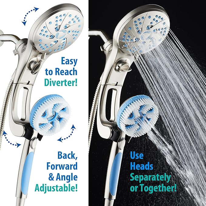 AquaCare High Pressure 6-in-1 Aquassage - 76-mode 3-way Combo, Showerhead, Hand Shower, Body Brush, Hair Brush & Arm in One! Two Brackets, Extra-long 6 foot Stainless Steel Hose, Brush Head Holder