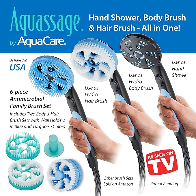 Hotel Spa AquaCare High Pressure 6-in-1 Aquassage 76-mode 3-way Combo, Showerhead, Hand Shower, Body Brush, Hair Brush & Arm in One Two Brackets, Extra-long 6 foot Hose, Brush Head Holder