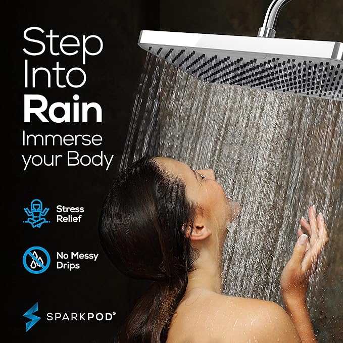 SparkPod 12 Inch Rectangle Rain Shower Head - Ceiling or Wall Mount Rainfall Shower Head - Large Coverage Showerhead - Brass Ball Joint with 360° Adjustment - 1-Min Install (Luxury Polished Chrome)