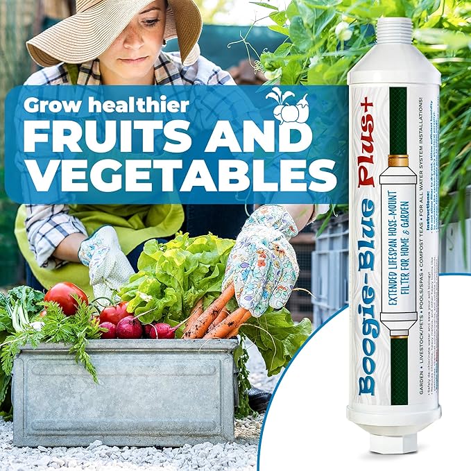 Boogie Blue Plus Garden Hose Water Filter for RV and Outdoor use - Removes Chlorine, Chloramines, VOCs, Pesticides/Herbicides Boogie Blue Plus High Capacity Filter - The Organic Gardener's Choice