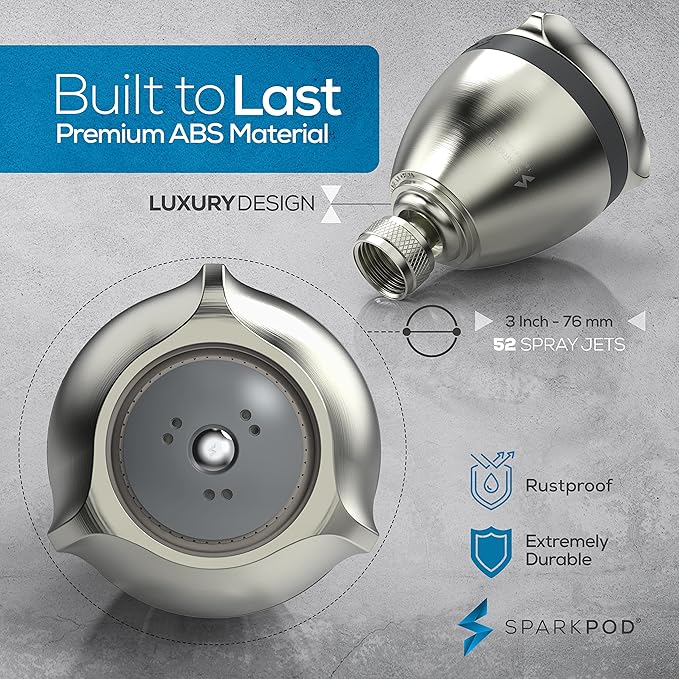 SparkPod 3-Inch Extreme High Pressure Shower Heads - Pressure Boosting with Rain, Massage & Pulsating Mode, Powerful Water-Saving Showerhead - 2.5 GPM Fixed Shower Head (Elegant Brushed Nickel)