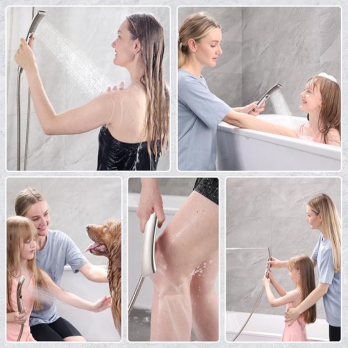 BRIGHT SHOWERS High Pressure Brushed Nickel Shower Heads Combo with Two Spray Setting Fixed Shower Head and Two Spray Settings Handheld Shower Head with Grey Face