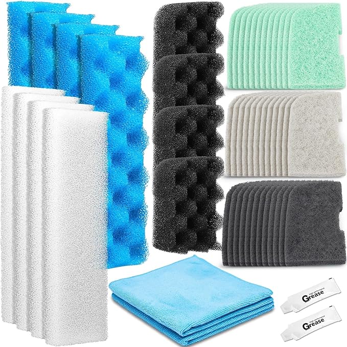 52 Pcs Replacement Filter Media Kit Compatible with Fluval 406/407 Aquarium Filters Include 12 Biological Foams Ammonia Remover Phosphate Pads Nitrite Remover, Towel and Grease