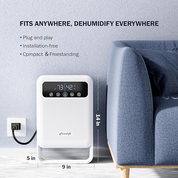 Frizzlife DH80 Air Dehumidifier, 135oz Water Tank W/Purifying Function, Quiet Small Dehumidifiers With Sleep Mode For Home, Bedroom, Bathroom, Basement W/Auto Shut Off, 7 Colors LED Light, White