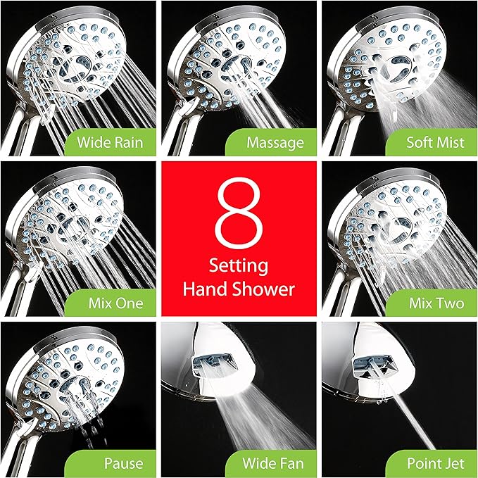 Hotel Spa AquaCare As-Seen-On-TV High Pressure Handheld & Rain 50-mode 3-way Shower Head Combo with Anti-clog Jets, 2-mode Tub & Pet Power Wash, Extra Wall Bracket, 6 ft. Hose, All Chrome Finish
