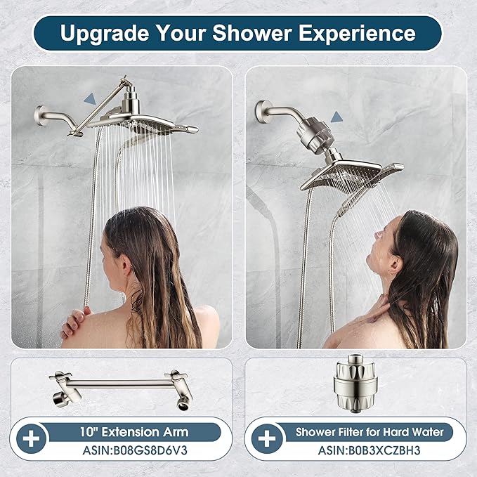 BRIGHT SHOWERS High Pressure Brushed Nickel Shower Heads Combo with Two Spray Setting Fixed Shower Head and Two Spray Settings Handheld Shower Head with Grey Face