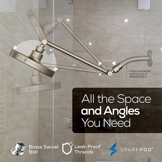 SparkPod Round Rain Shower Head with Extension Arm - Height Adjustable Shower Head with High Pressure Performance - Easy 1-Minute Installation (11" Arm Extension, Elegant Brushed Nickel)