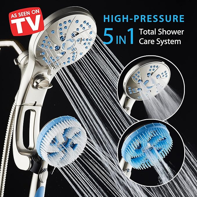 AquaCare High Pressure 6-in-1 Aquassage - 76-mode 3-way Combo, Showerhead, Hand Shower, Body Brush, Hair Brush & Arm in One! Two Brackets, Extra-long 6 foot Stainless Steel Hose, Brush Head Holder