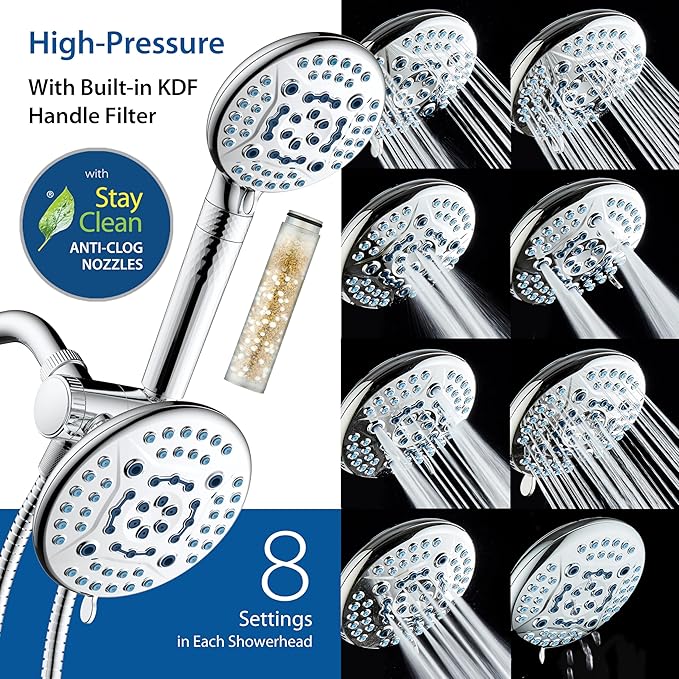 AquaCare High Pressure 6-way Dual Shower Head Combo with Built-in Filter & Power Wash - Clean Tub, Tile & Pets. Remove Chlorine, Lead & Toxins from Water to Protect Skin, Hair, & Nails. Chrome Finish