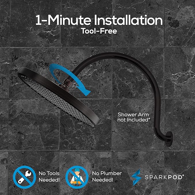 SparkPod 10 Inch Round Rain Shower Head - Ceiling or Wall Mount Rainfall Shower Head - Large Coverage Showerhead - Brass Ball Joint with 360° Adjustment - 1-Min Install (Vintage Oil Rubbed Bronze)