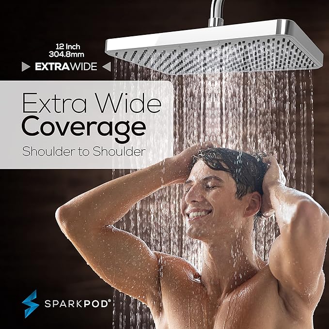 SparkPod 12 Inch Rectangle Rain Shower Head - Ceiling or Wall Mount Rainfall Shower Head - Large Coverage Showerhead - Brass Ball Joint with 360° Adjustment - 1-Min Install (Luxury Polished Chrome)