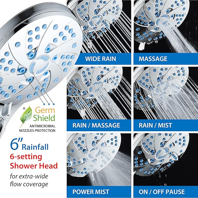Hotel Spa AquaCare High Pressure 6-in-1 Aquassage - 76-mode 3-way Combo, Showerhead, Hand Shower, Body Brush, Hair Brush & Arm in One Two Brackets, Extra-long 6 foot Stainless Steel Hose