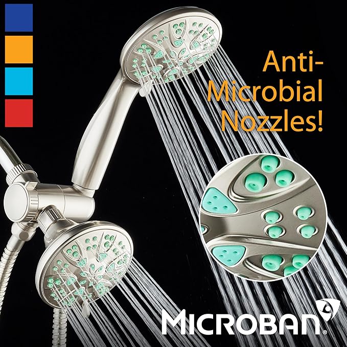 AquaDance Antimicrobial/Anti-Clog High-Pressure 30-setting Dual Head Combination Shower with Microban Nozzle Protection From Growth of Mold, Mildew & Bacteria for a Healthier Shower – Coral Green