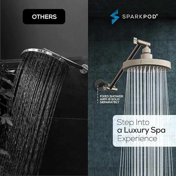 SparkPod Round Rain Shower Head with Extension Arm - Height Adjustable Shower Head with High Pressure Performance - Easy 1-Minute Installation (11" Arm Extension, Elegant Brushed Nickel)