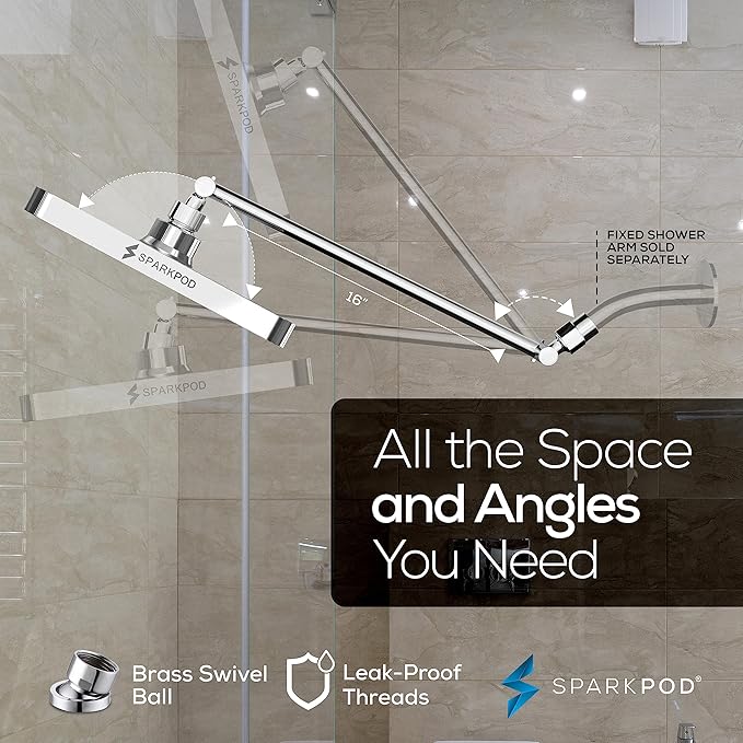 SparkPod Square Rain Shower Head with Extension Arm - Height Adjustable Shower Head with High Pressure Performance - Easy 1-Minute Installation (16" Arm Extension, Luxury Polished Chrome)