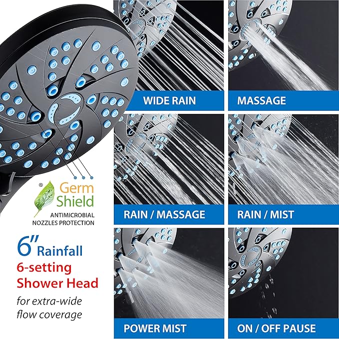 Hotel Spa AquaCare High Pressure 6-in-1 Aquassage 76-mode 3-way Combo, Showerhead, Hand Shower, Body Brush, Hair Brush & Arm in One Two Brackets, Extra-long 6 foot Hose, Brush Head Holder