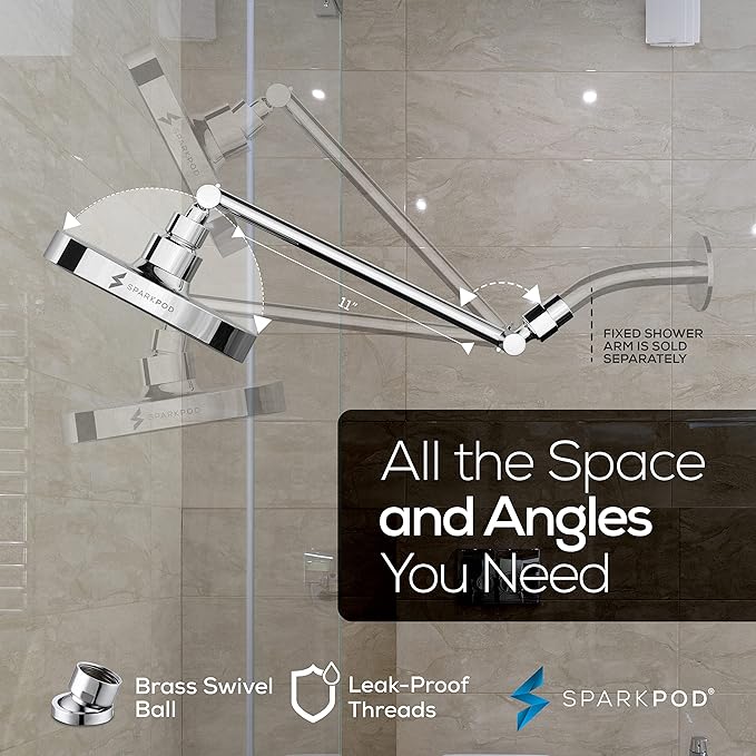 SparkPod Round Rain Shower Head with Extension Arm - Height Adjustable Shower Head with High Pressure Performance - Easy 1-Minute Installation (11" Arm Extension, Luxury Polished Chrome)