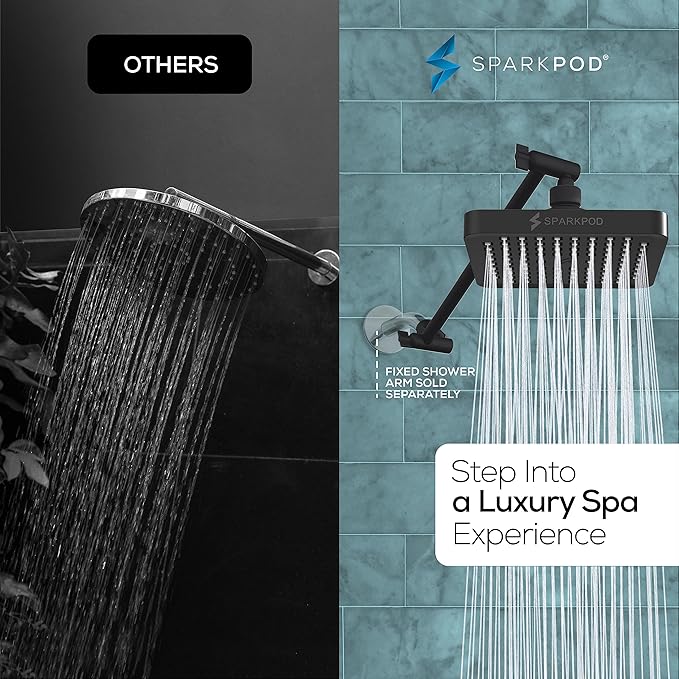 SparkPod Square Rain Shower Head with Extension Arm - Height Adjustable Shower Head with High Pressure Performance - Easy 1-Minute Installation (11" Arm Extension, Midnight Black Matte)