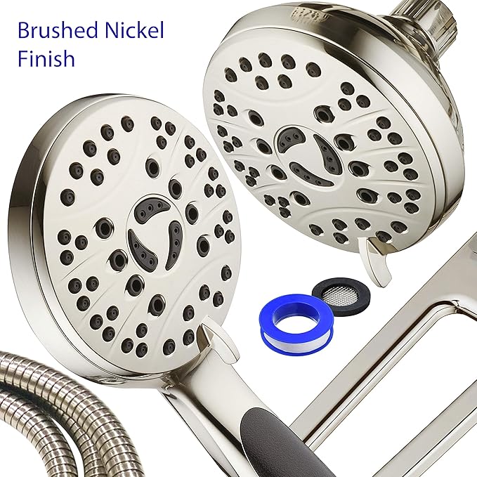 High Pressure 48-mode Luxury 3-way Combo with Adjustable Extension Arm – Dual Rain & Handheld Shower Head – Extra Long 6 Foot Stainless Steel Hose – All Brushed Nickel Finish – Top US Brand