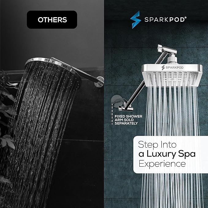 SparkPod Square Rain Shower Head with Shower Head Extension Arm - High Pressure Rain - Luxury Modern Look - No Hassle Tool-less 1-Min Installation (16" Shower Arm Extension, Luxury Polished Chrome)